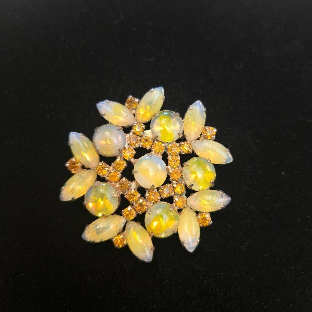 Vintage MCM Givre / Frosted Yellow Cobochon and Amber Rhinestone Brooch